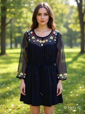 Black Mini Dress with Floral Embroidery